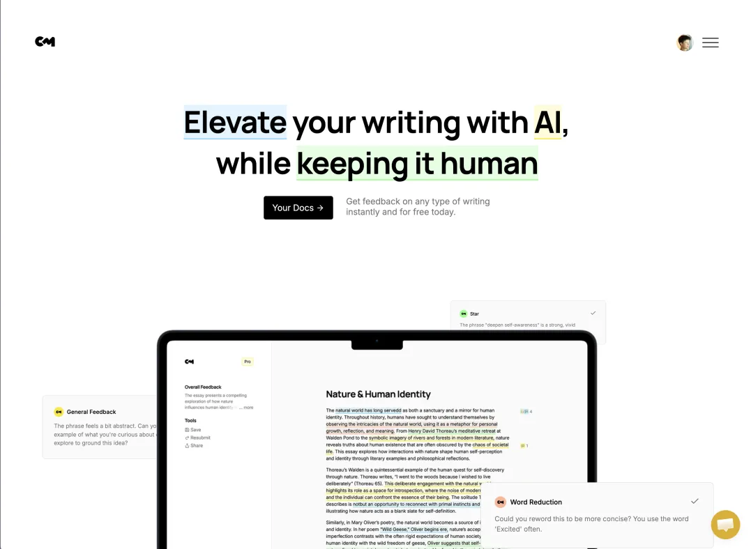 Marketing page — “Elevate your writing with AI, while keeping it human”.