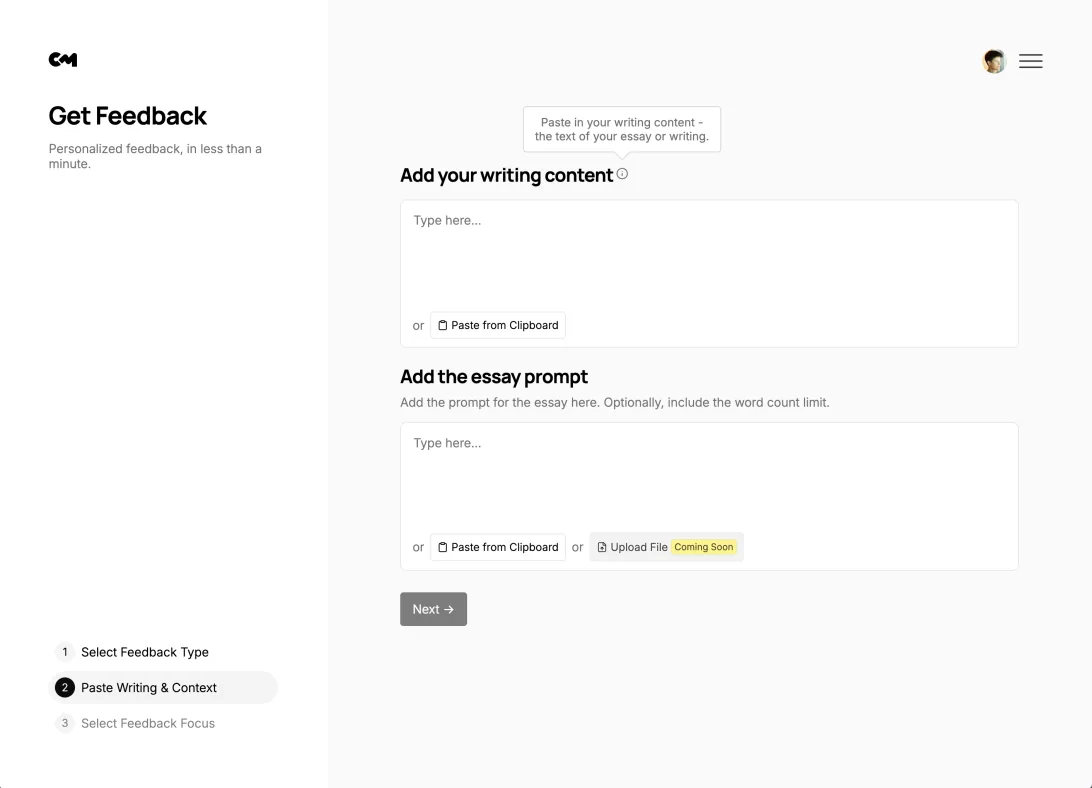Get Feedback — pasting the writing and its prompt, step two of three.