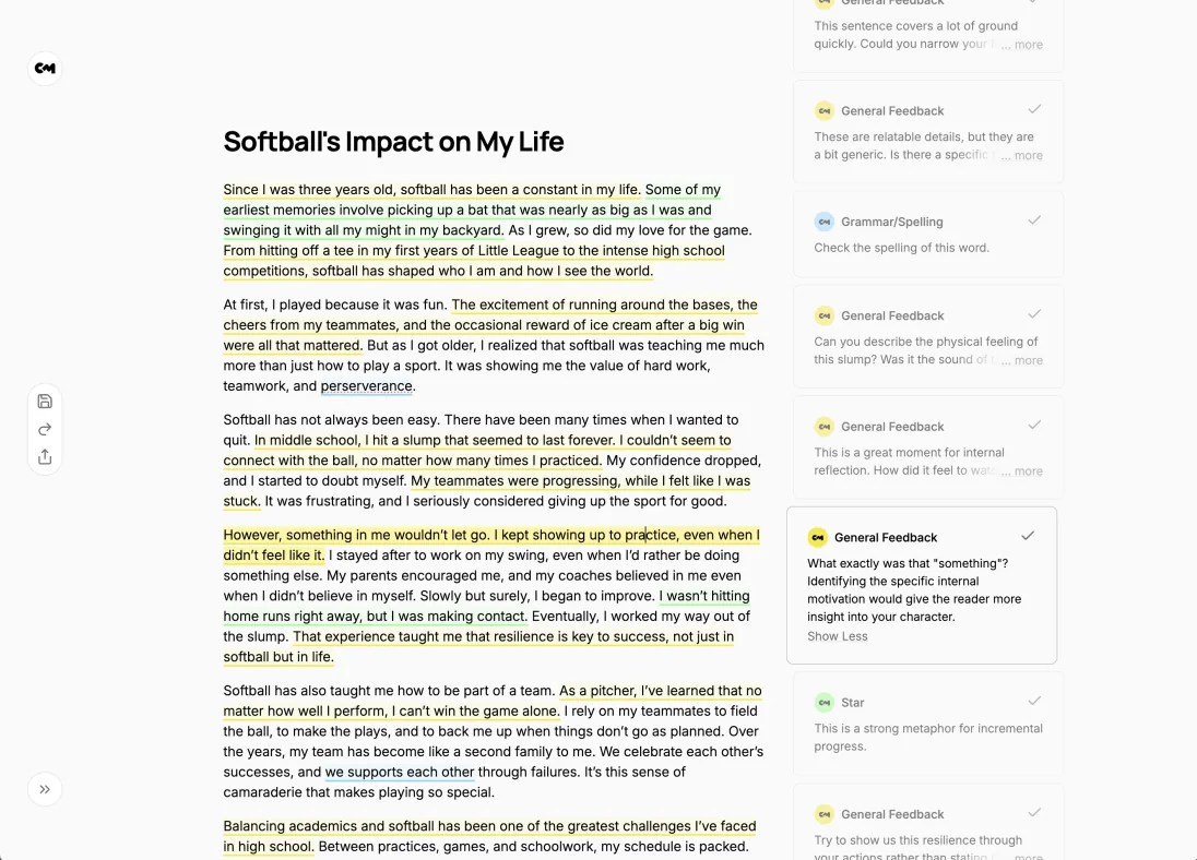 An essay with its feedback rail — every note anchored to a passage.